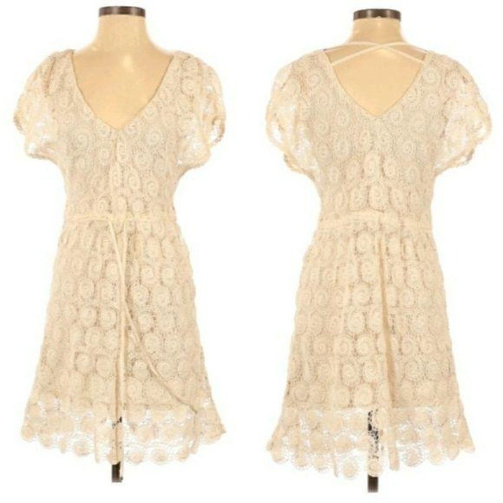 Willow & Clay Crochet Lace Flutter Sleeve Mini Peasant Dress Cream‎ Sz XS